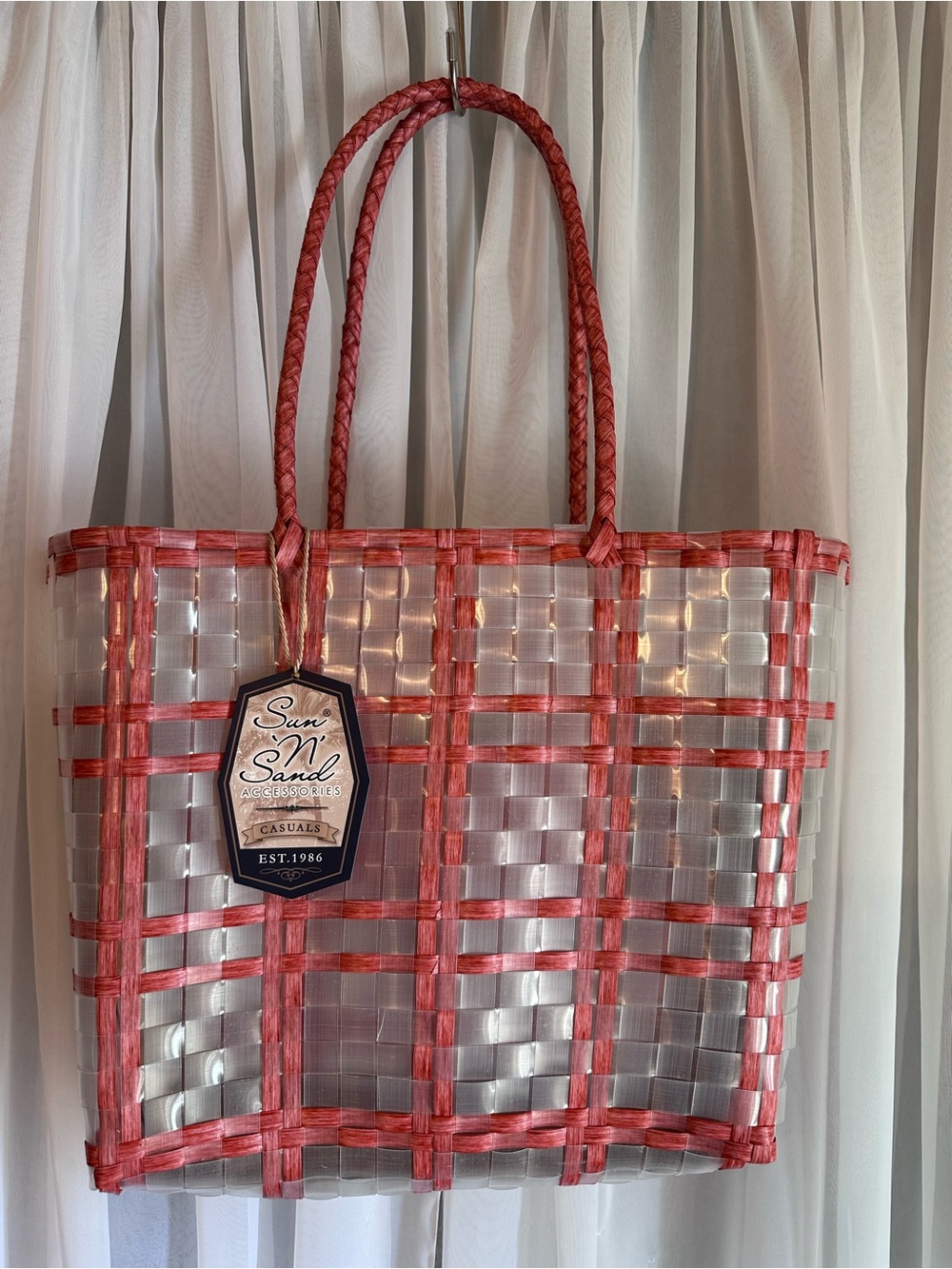 Sun”N”Sand Red Coral Clear Woven Beach Shopping Tote Shoulder Bag Purse